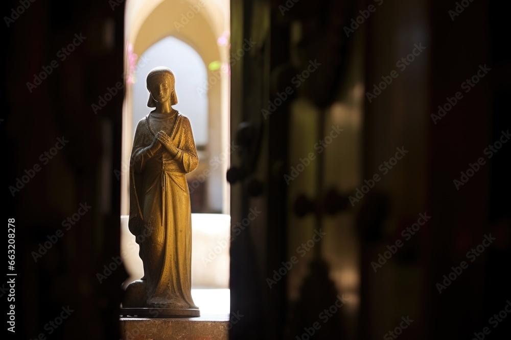 a statue of a saint seen through a churchs open doorway