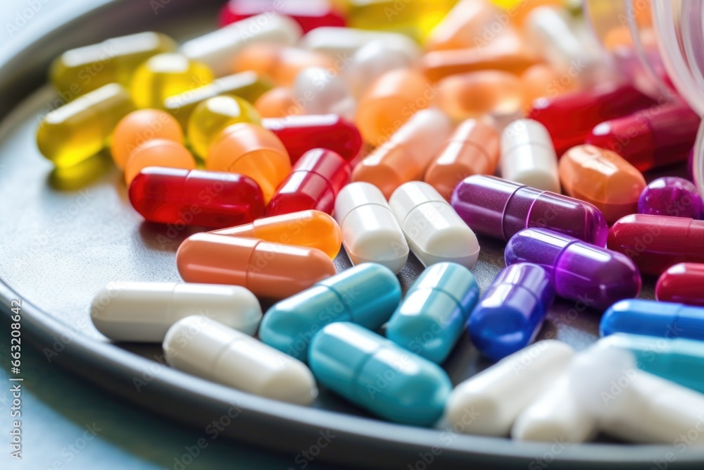 handful of colorful probiotic pills on a clinical tray