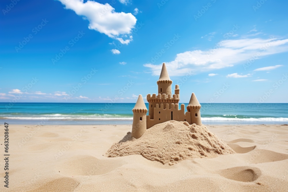 beach scene with sand castle, summer