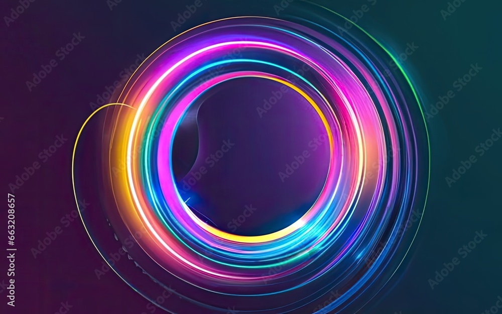 glowing neon color circles round curve shape with wavy dynamic lines with Generative AI. glowing neon color circles round curve shape with wavy dynamic lines with Generative AI.