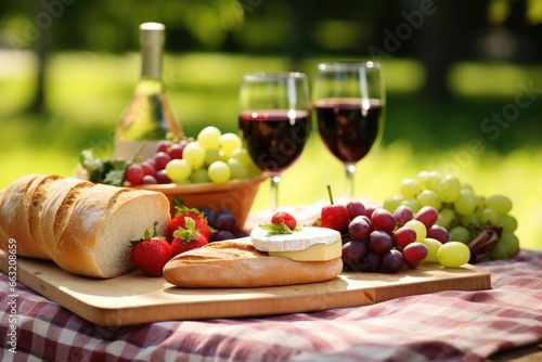 a summer picnic scene with sandwiches and fruit