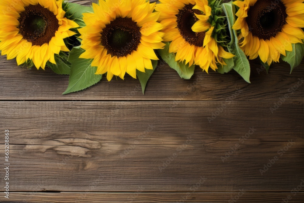 Obraz premium overhead shot of sunflowers on a rustic wooden table