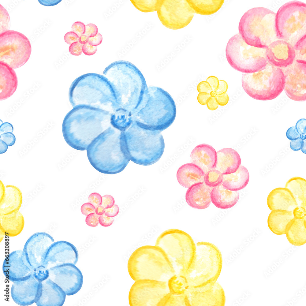 Seamless pattern of blue, pink and yellow cute flowers. Watercolor hand drawn illustration for various design, decorating background, kids birthday and party, textile making, packaging, wrapping paper Seamless pattern of blue, pink and yellow cute flowers. Watercolor hand drawn illustration for various design, decorating background, kids birthday and party, textile making, packaging, wrapping paper