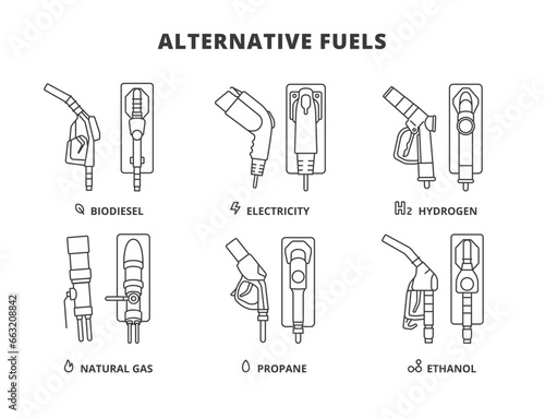 Alternative Fuels vector icons in line design. Biodiesel, Electricity, Hydrogen, Natural Gas, Propane, Ethanol, gas station, Gasoline Pistol vector icons in line design blue.