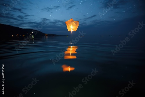 a sky lantern flying over water surface at night photo