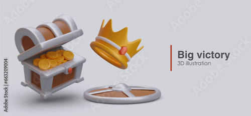 Big win concept. Vector round shield, golden crown, chest full of coins. Game illustrations in cartoon style. Battle reward. Symbol of virtual victory