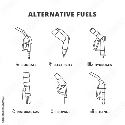 Alternative Fuels vector icons in line design. Biodiesel, Electricity, Hydrogen, Natural Gas, Propane, Ethanol, gas station, Gasoline Pistol vector icons in line design blue.