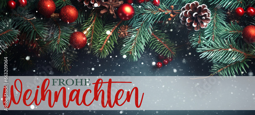 Frohe Weihnachten, Grußkarte mit deutschem Text – Rote Christbaumkugeln, Tannenzweige und Kieferzapfen auf dunkler Tisch Textur mit Schneeflocken, Draufsicht photo