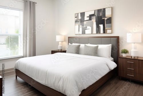 serviced apartment bedroom with neutral color scheme and king sized bed
