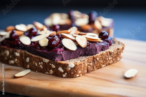 blueberry-topped almond butter on whole grain toast