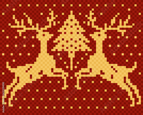 Christmas motif with deers and fir. Scandinavian knitted texture. Vector seamless pattern. Red and yellow colors.