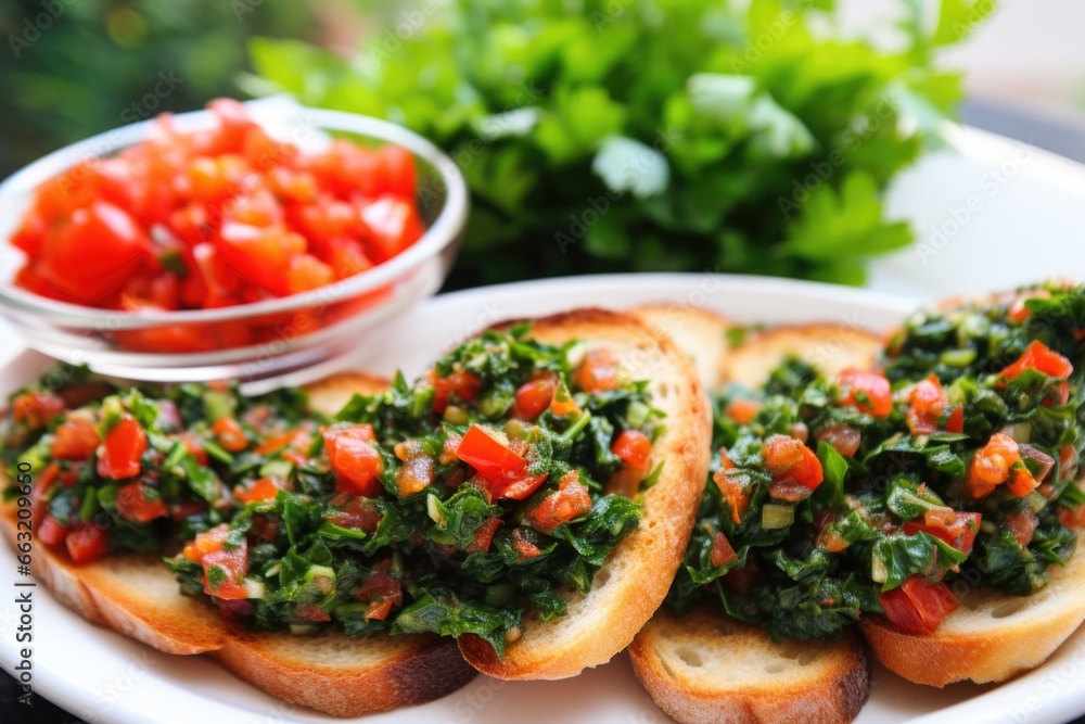 close-up on cut parsley paired with sliced bruschetta on a plate close-up on cut parsley paired with sliced bruschetta on a plate