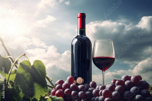 red wine bottle with grape, AI generated