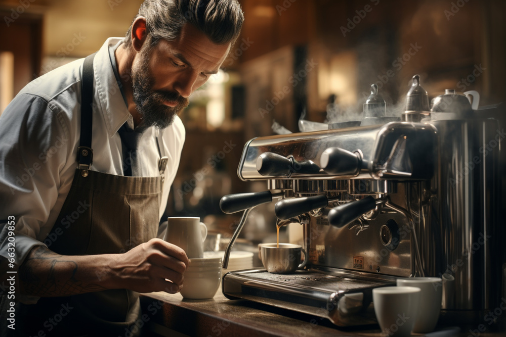 man With precision, he brewed a delicious cup of coffee using his espresso machine. man With precision, he brewed a delicious cup of coffee using his espresso machine.