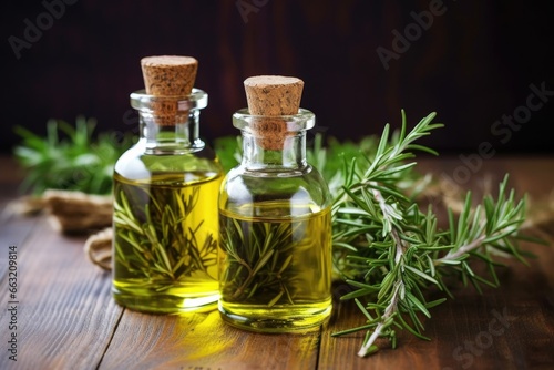 glass bottles with essential oils, rosemary twigs on table