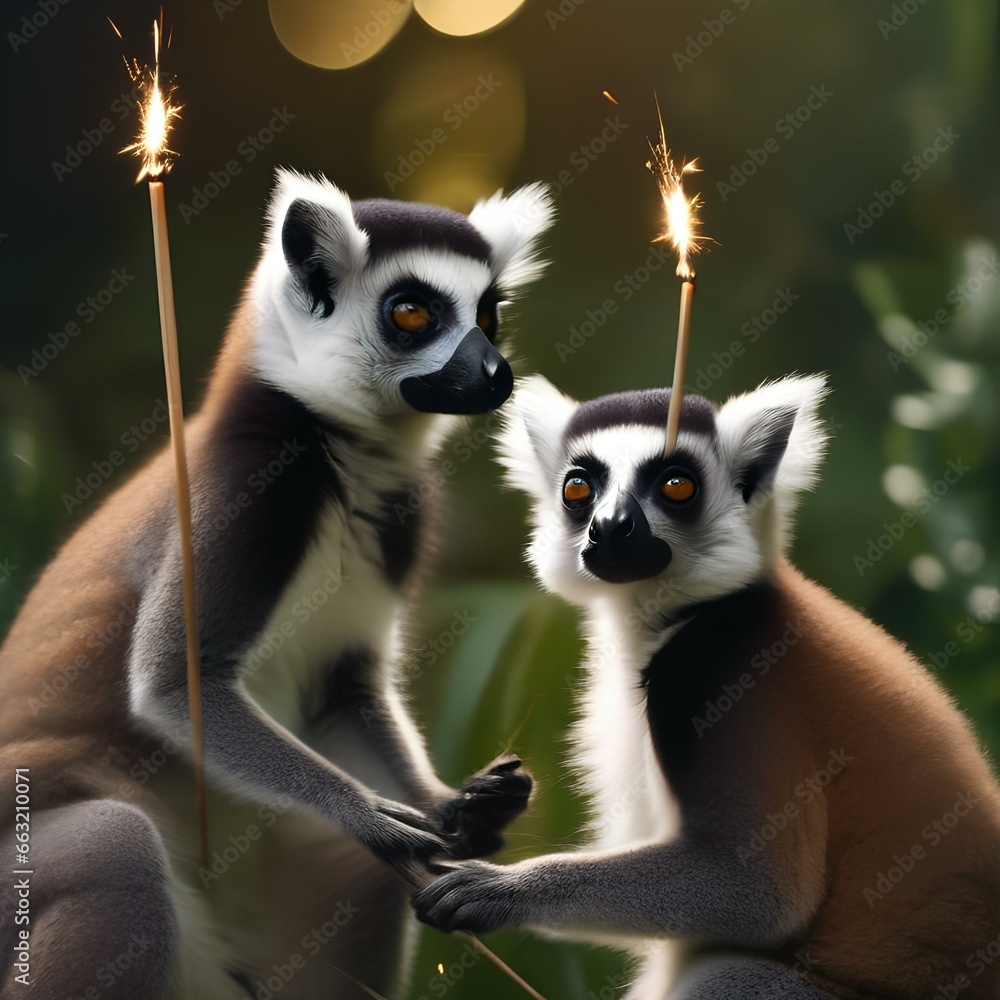 Obraz premium A curious group of lemurs with sparklers, creating a mesmerizing light show in the jungle1