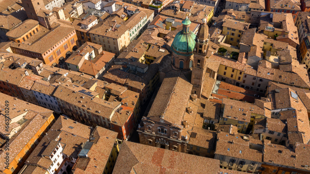 Aerial view on San Giorgio church in the historic center of Reggio Emilia, Italy.