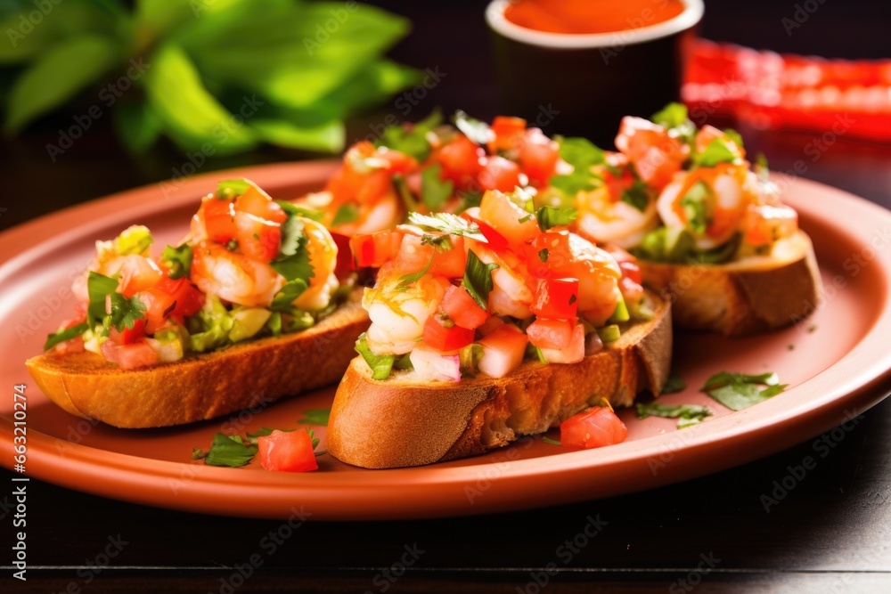 neon colored plate with freshly made shrimp bruschetta neon colored plate with freshly made shrimp bruschetta