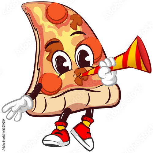 Cute slice of pizza character with funny face mascot blowing party trumpet, isolated cartoon vector illustration. Cute slice of pizza mascot, emoticon