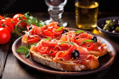 bruschetta with serrano ham, cherry tomatoes, and black olives