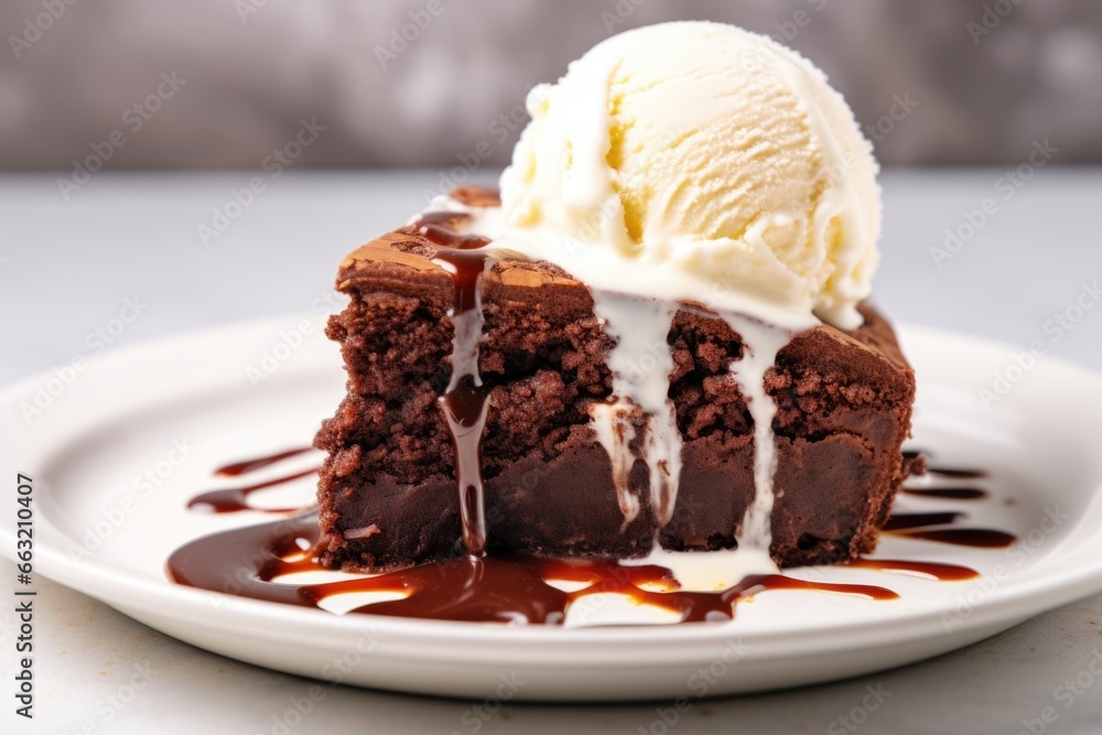 chocolate cake slice with vanilla ice cream on side chocolate cake slice with vanilla ice cream on side