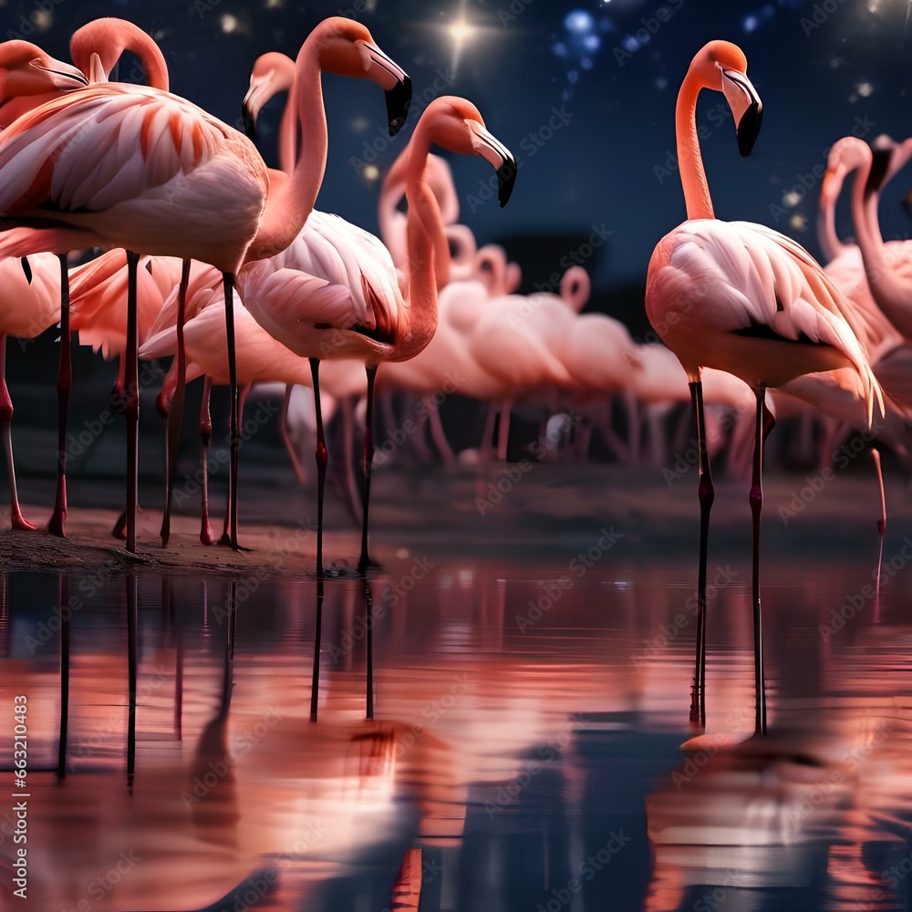 A group of flamingos dancing by the waters edge, their reflections shimmering under the night sky1