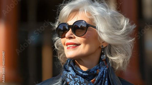 Elegant ederly woman with sunglasses smiling on the city street © Ignacio Ferrándiz
