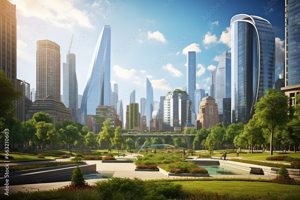 Obraz premium Eco-friendly building. Public park and high-rise buildings cityscape in metropolis city center. Generative AI