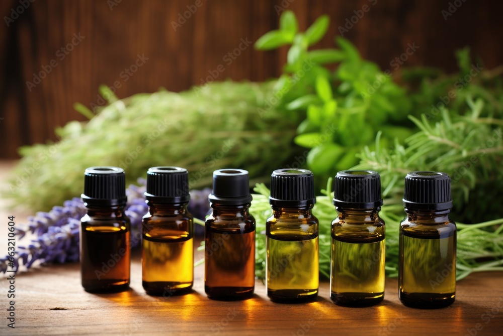 essential oil bottles on a shelf with dry herbs in the background