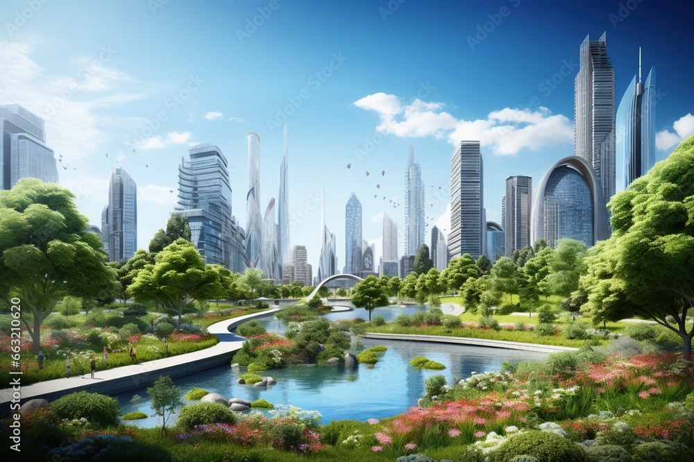 Image showcasing Eco-friendly building. Public park and high-rise buildings cityscape in ...