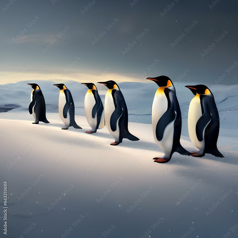 Fototapeta premium A parade of penguins wearing tuxedos and bowties while sliding on icy slopes under the moonlight1