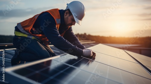 Worker wearing safety helmet install solar panel on the roof  photo