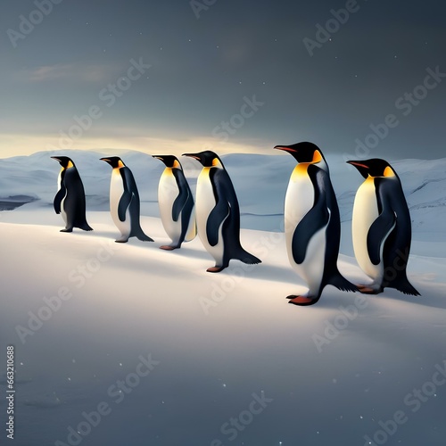 A parade of penguins wearing tuxedos and bowties while sliding on icy slopes under the moonlight1