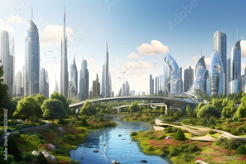 Eco-friendly building. Public park and high-rise buildings cityscape in metropolis city center. Generative AI