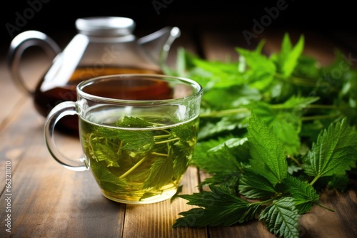fresh nettle tea steeping in a teapot with leaves beside