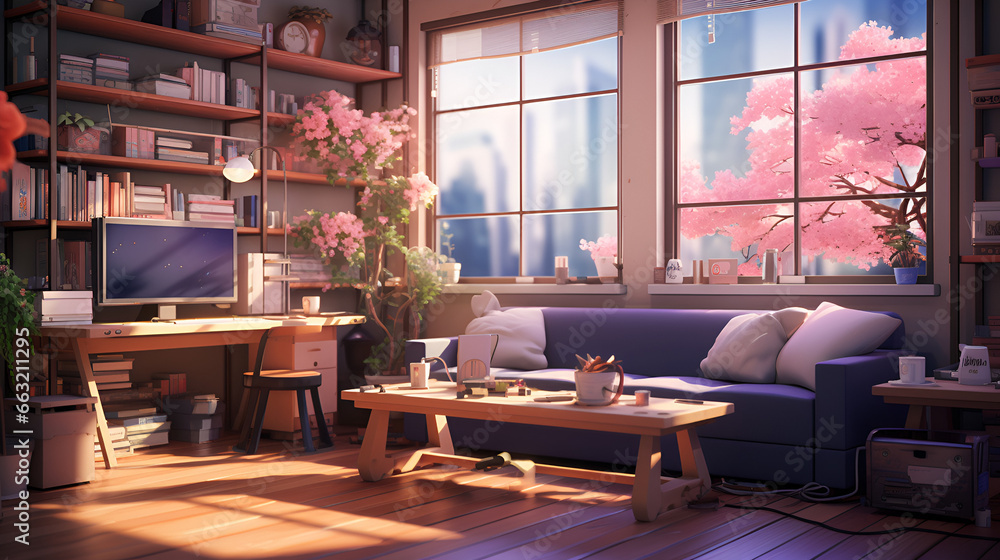 lofi living room with study table, anime style Stock Photo | Adobe Stock