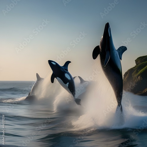 A pod of orcas gracefully leaping through the waves, creating a watery display of celebration5