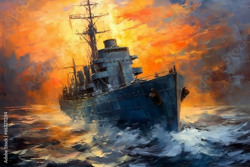 Impressionist navy ship. Generative AI