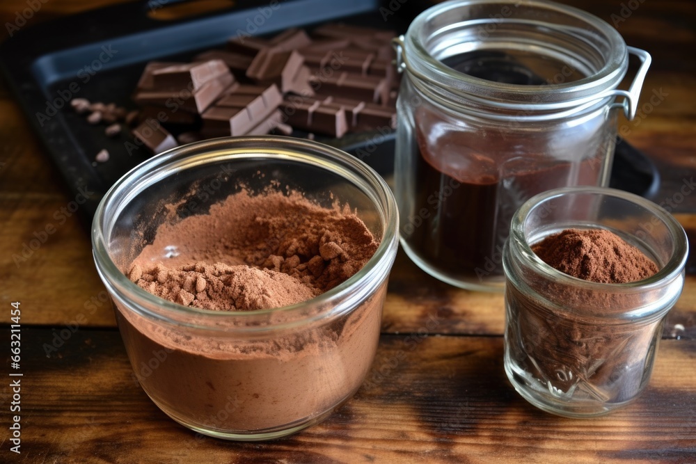 baking cocoa in a container next to a cup of hot chocolate baking cocoa in a container next to a cup of hot chocolate