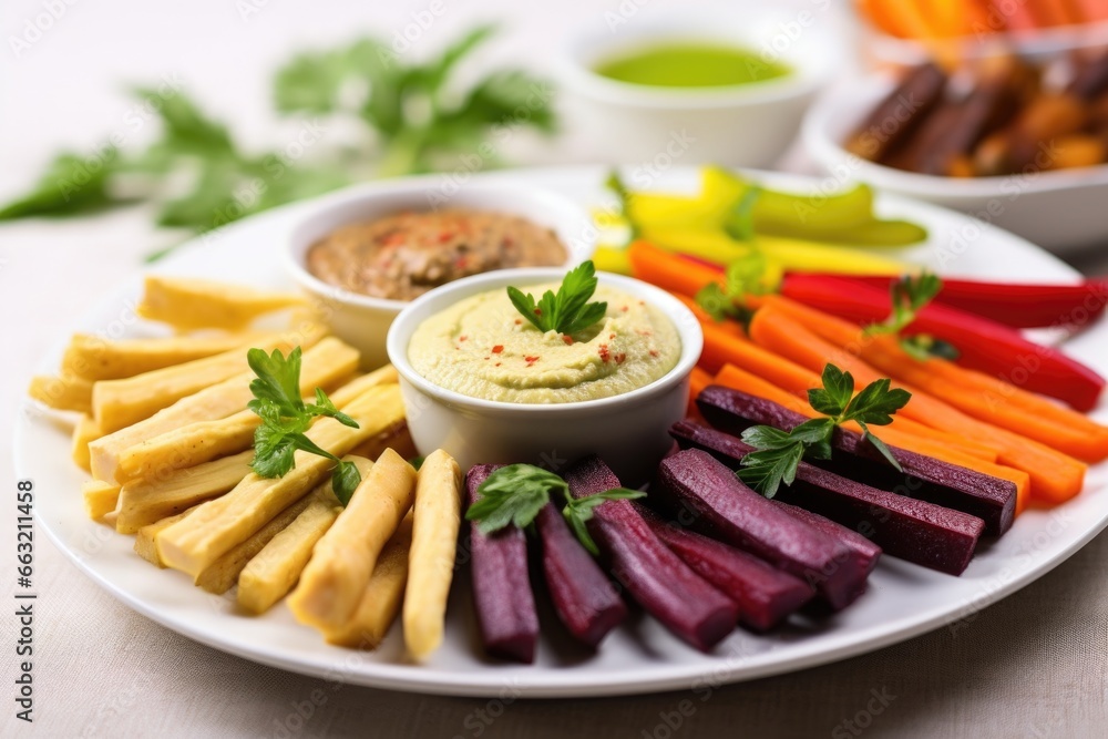 assorted vegetable sticks dipped in hummus on a white plate assorted vegetable sticks dipped in hummus on a white plate