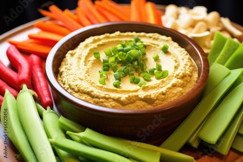 hummus with snap peas, celery, and bell peppers on a clay platter