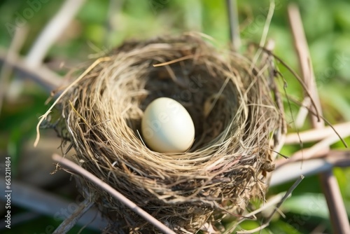 an empty birds nest with a single egg waiting to hatch
