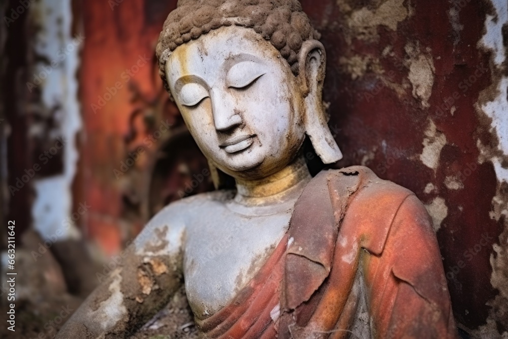 weathered statue of buddha in meditative pose