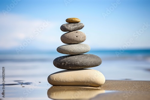 stacked stones in perfect balance on pebble beach