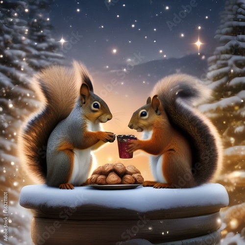 A pair of squirrels sharing a festive acorn toast under a starry New Years Eve sky5 photo