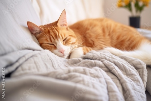 a pet cat peacefully sleeping in a cozy bed