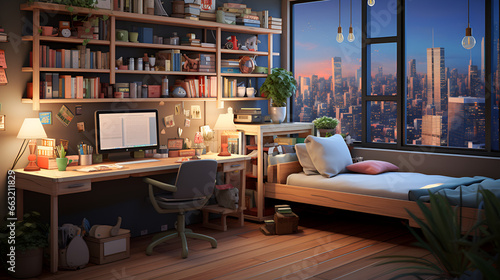 lofi living room with study table, anime style 