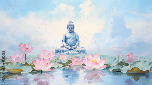 buddha statue in the lotus pond painting