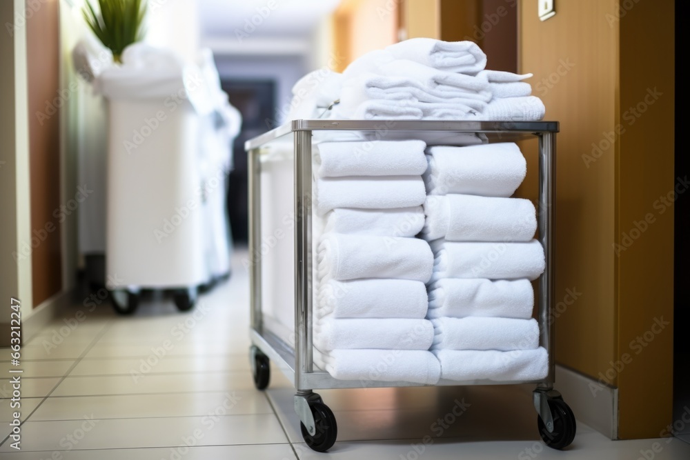 stacked fluffy white towels on a cleaners cart in a hotel corridor stacked fluffy white towels on a cleaners cart in a hotel corridor