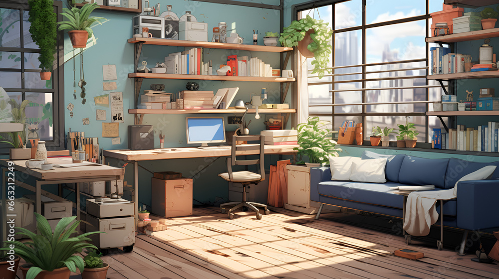 lofi living room with study table, anime style
lofi living room with study table, anime style